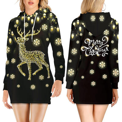 

Pullover Women Long Sleeve Reindeer Snowflake Print Christmas Hoodies Dress