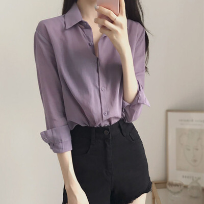 

Vintage Solid Color Women Shirt Sweet Lapel Shirt Loose Single-breasted Long Sleeve Blouse Fashion Blusas Mujer
