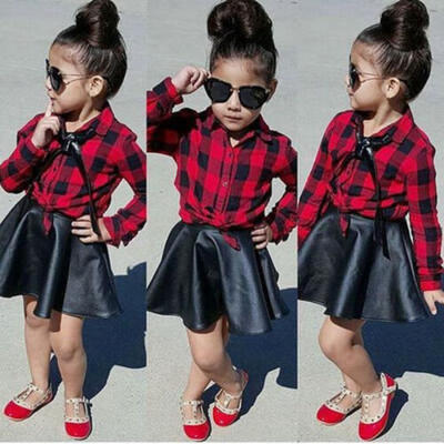 

USA Boutique Toddler Kids Girl Plaid Tops Shirt Leather Skirt Dress Outfits Set