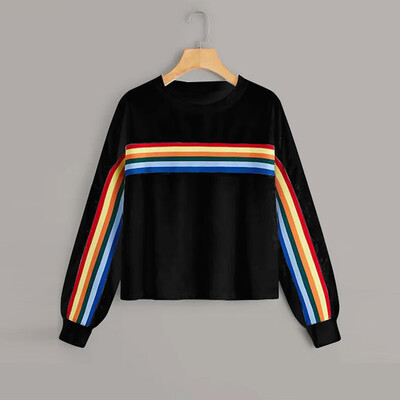 

Tailored Fashion Women Casual Loose Long Sleeve Rainbow Stripes Sweatshirt Tops