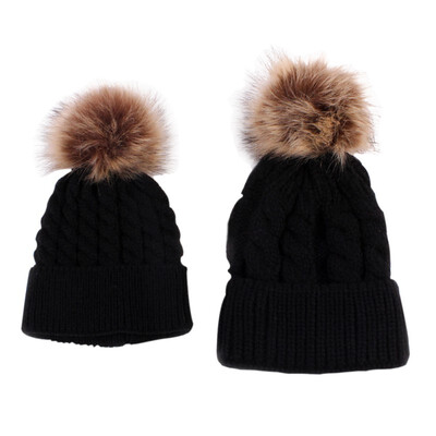 

2Pcs Cute Women Mother Baby Parent-child Hats Kids Boys Girls Knitted Crochet Warm Winter Knit Fur Hook Pompon Winter Caps
