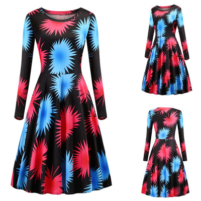 

Tailored Women Fashion Boho Print Dress Round Neck Zipper Long Sleeve Party Dress