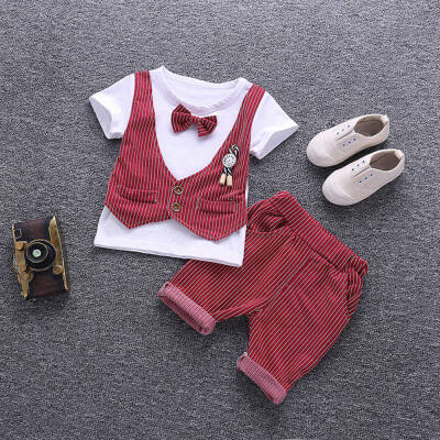 

Summer Baby Boys Clothes Fake Two Pieces Short Sleeve T-Shirt Tops with Bow TieStripe Shorts Formal Outfits Sets