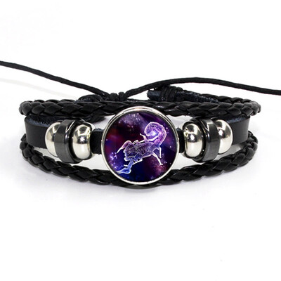 

Retro Leather Rope Twelve Constellations Time Gem Weaving Bracelet Fashion Wild Men Women Accessories