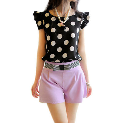 

Women Summer Chiffon Shirt Ruffle Pleated Polka Dot Tops