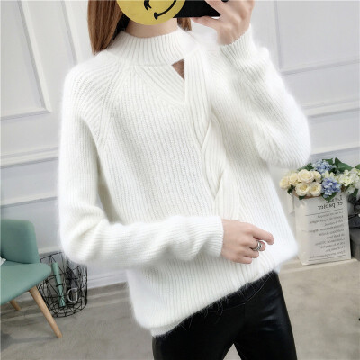 

2018 autumn&winter new thick semi-turtleneck womens loose Korea version of short pure color knitted base sweater