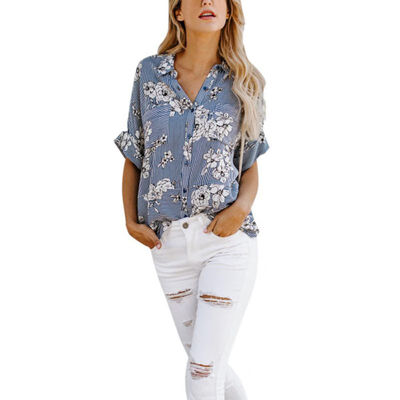 

Fashion Loose Casual Floral Striped Print Womens Shirts Short Sleeves Pockets Turn-down Collar Tops Female Summer Blouses