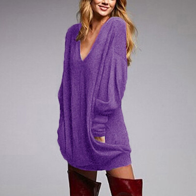 

Womens Long Sleeve Baggy Loose Tops Deep V Neck Solid Casual Blouse T Shirt
