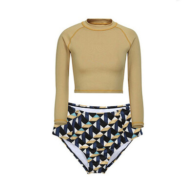 

2 PCSset Women Conservative Sunscreen Long Sleeve High Collar High Waist Triangle Split Shorts Split Swimsuit Women bikini sets