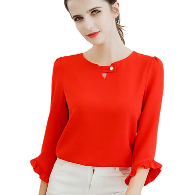 

ROPALIA Spring Summer New Women Ruffles Sleeved Chiffon Blouse Pearl Korean Fashion Solid Slim Female Lady Shirts tops