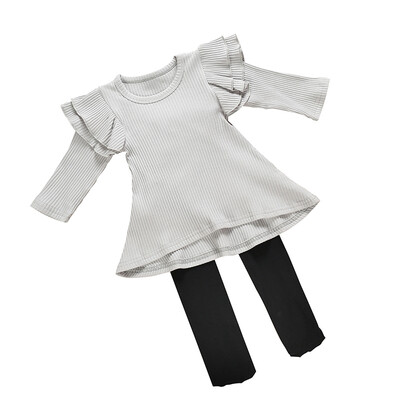 

New Style Autumn Casual Baby Girls Solid Print Long Sleeve T-Shirt Dress With Leggings Sundress Set