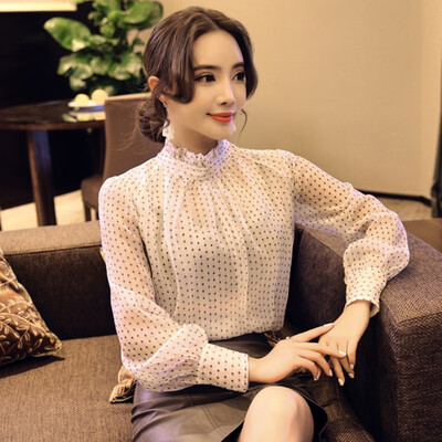 

Polka Dot Print Full Sleeves Office Lady Chiffon Womens Shirt 2018 Spring New Lace Womens Tops And Blouses Elegant Lady Blouse