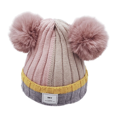 

Newborn Cute Winter Warm Kids Baby Ball Design Hats Patchwork Knitted Wool Hemming Caps