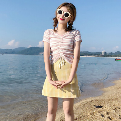 

Women T-shirt Striped Drawstring V Neck Tops Harajuku T-shirt Summer Short Sleeve T-shirt Korean Punk T-shirt Female