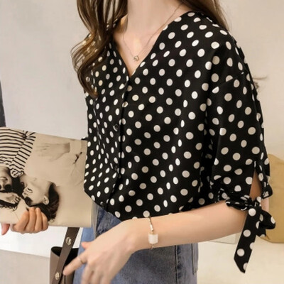 

EFINNY Casual V Neck Top Women Chiffon Blouse Half Sleeve Black Polka Dot Shirt Autumn Bow Plus Size Blusa Feminina