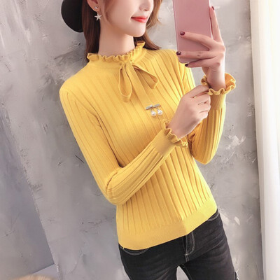 

Women Sweater Autumn Long Sleeve Bow Collar Casual Slim Elegant Sweater Winter Knitted Sweater Lace Up Female Pullover