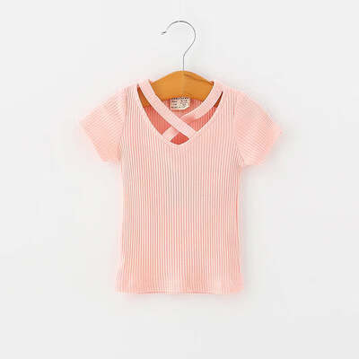 

Summer Baby Girls Candy Color Short Sleeved Kids T-shirt Cotton V-neck Tops