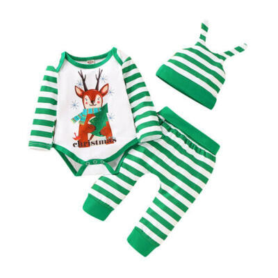 

Newborn Infant Baby Boys Stripe Deer Outfit Clothes Romper TopsPantsHat Set