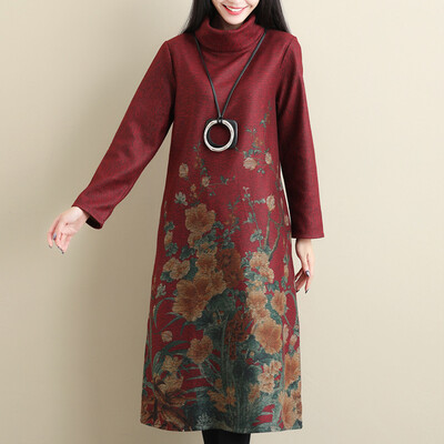 

Tailored Womens Long Sleeve Cotton And Linen Loose Long Dress Flower Print Dress