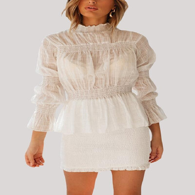 

Solid Lantern Long Sleeve Shirr Peplum Mock Neck Top