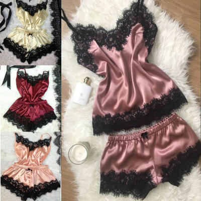 

2 PCS Womens Lace Silk Sleepwear Sissy Sexy Babydoll Nightdress Lingerie Pajamas