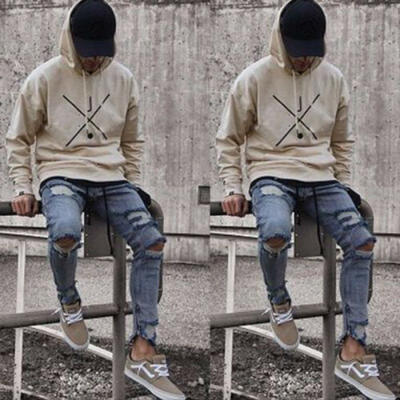 

Men Pants Jeans Slim Fit Solid Destroyed Ripped Denim Stylish Skinny Trousers