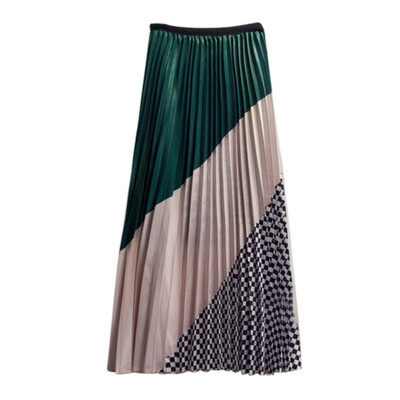 

Spring Summer New Contrast Color Mosaic Plaid Stripe Big Swing Pleated Long Maxi Skirt Women faldas mujer moda jupe femme