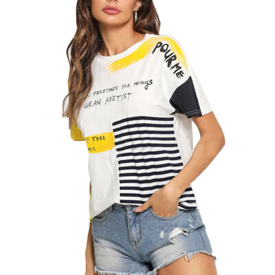 

Summer Women Letter Print Striped Color Block Short Sleeve O-Neck T-Shirt Top