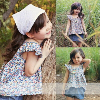 

Kids Girls Sets Summer Baby Girls Casual Sleeveless Floral Print Strap T-shirt TopsDenim Shorts Suits Costume Set