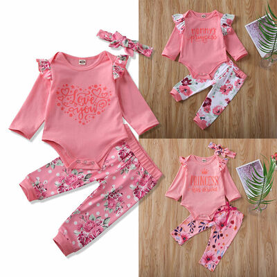 

Valentines Day Infant Baby Girl Kid Long Sleeves Flower Pants Outfit Clothes