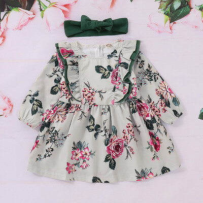 

Autumn 2Pcs Baby Girls Dress Sets Kids Floral Pattern Dresses Casual Long Sleeve Tutu SundressHeadband Children Clothes
