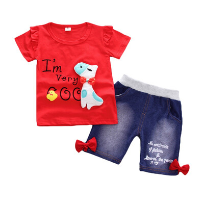 

2Pcs Childrens Sets Summer Girls T-shirt Shorts Set Cute Cartoon Dogs Print Casual T-shirt Denim Pant Girls Clothes Set Summer