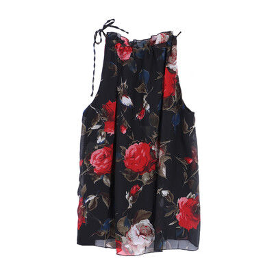 

Summer Women Shirts European Fashion Flowers Print Halter Sleeveless Ruffled Neck Blouse Women Elegant Tops