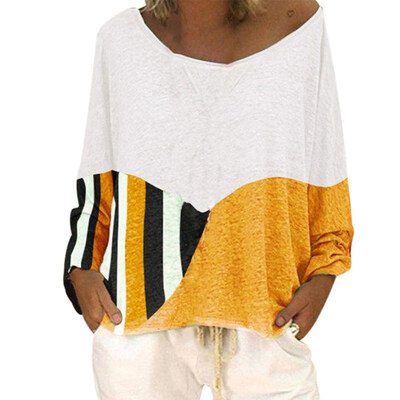 

Plus Size Casual Color Block Striped Women Long Sleeve Round Neck T-Shirt Top