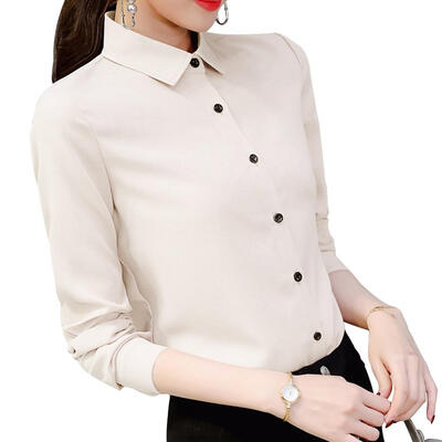 

Women Spring Summer Long Sleeve Lapel Casual Chiffon Solid Color Blouse