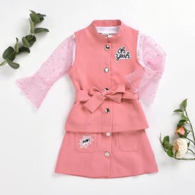 

3PCS Baby Kids Girl Set Vest Coat Lace Tops T-Shirt Skirts Mini Dress Outfits AU