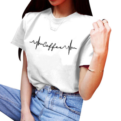 

Coffee Letter Print Solid Color Short Sleeve T-Shirt Women Summer Casual Tee Top