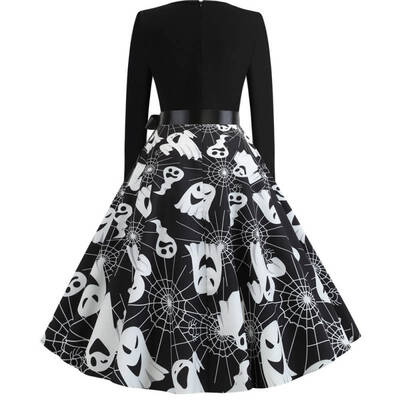 

Halloween Print Long Sleeve Crew Neck Dress vestidos de verano High Waist Floral Skull Printed Skirt Vintage Dress
