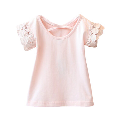 

Summer Children Girls Cotton Solid Print T-shirt Tops Blouse Short Sleeve Casual Lace Design Tee Shirts 0-7 Years
