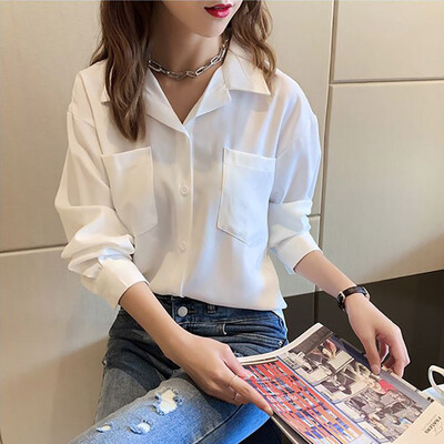 

Autumn New Solid Color Pockets Decoration Blouse Simple Casual Lapel Long Sleeve Women Chiffon Shirt