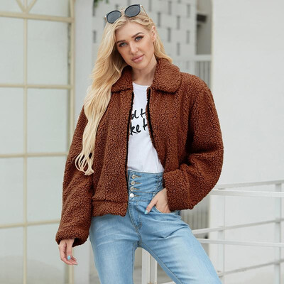 

Fashion Women Autumn Winter Faux Fur Coat Solid Color Zipper Front Turn-down Collar Long Sleeve Fluffy Short Outerwear Jacket