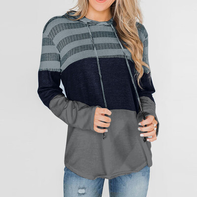 

Tailored Womens Long Sleeve Striped Color Block Drawstring Hoodie Top Blouse