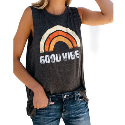 

Camisole Female Round Neck Sleeveless Rainbow Print Wild Long Summer Fashion Simple Sexy Loose Letter Print Size