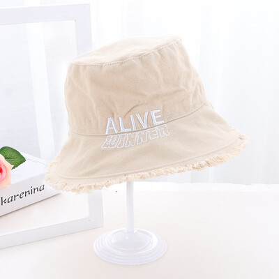 

Korean version of the new woolly denim fisherman hat solid-colored letter womens hat casual flat top basin hat big edge sun hat