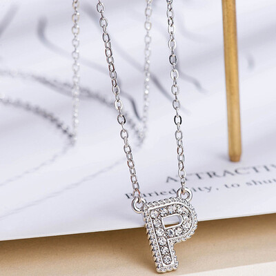 

Fashion Women 26 Double Sided English Alphabet Diamond Silver Color Necklace