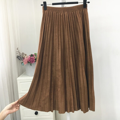 

Autumn Winter Women Pleated Skirt Elastic High Waist Long Skirts Casual Vintage A-line Suede Party Skirt Ladies Black Pink