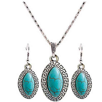 

Vintage Turquoise Round Shape Pendant Necklace Earrings Set Women Ethnic Style Necklace Girl Jewelry Kit