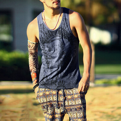 

Summer Men U-Neck Sleeveless Vintage Print Loose Beach Tops Sports Vest Singlet