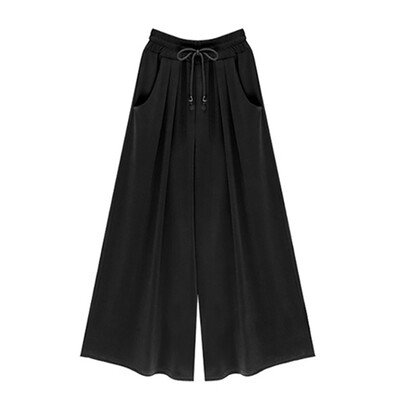 

New Women Autumn Large Size Solid Color Loose Pants Wide Leg Loose Elastic High Waist Tie Straight Casual Pants