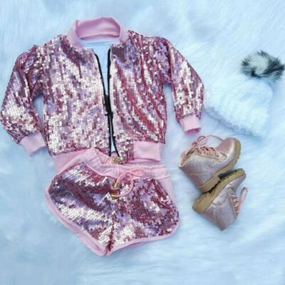 

UK Toddler Baby Girls Sequin Zipper Pink Jacket CoatShorts Casual Outfits Set